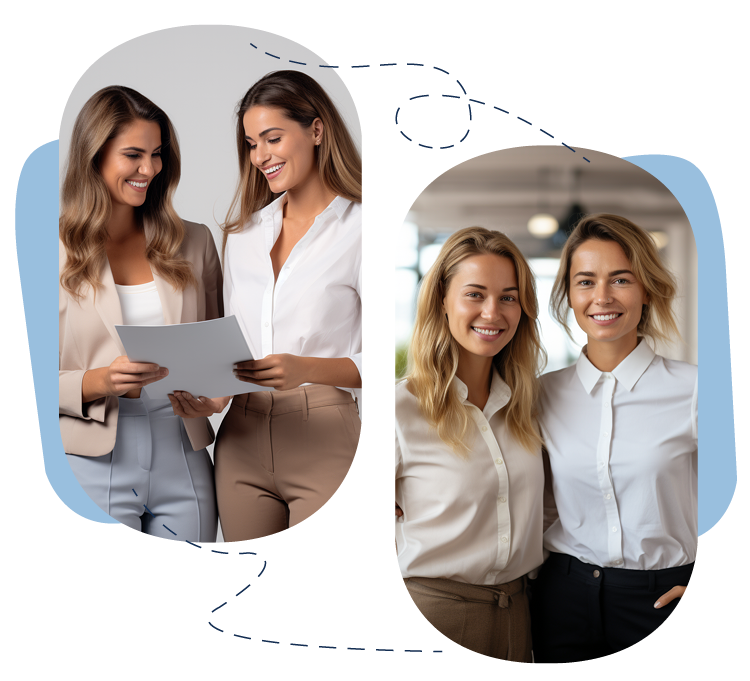 Professional women discussing and smiling in office attire.